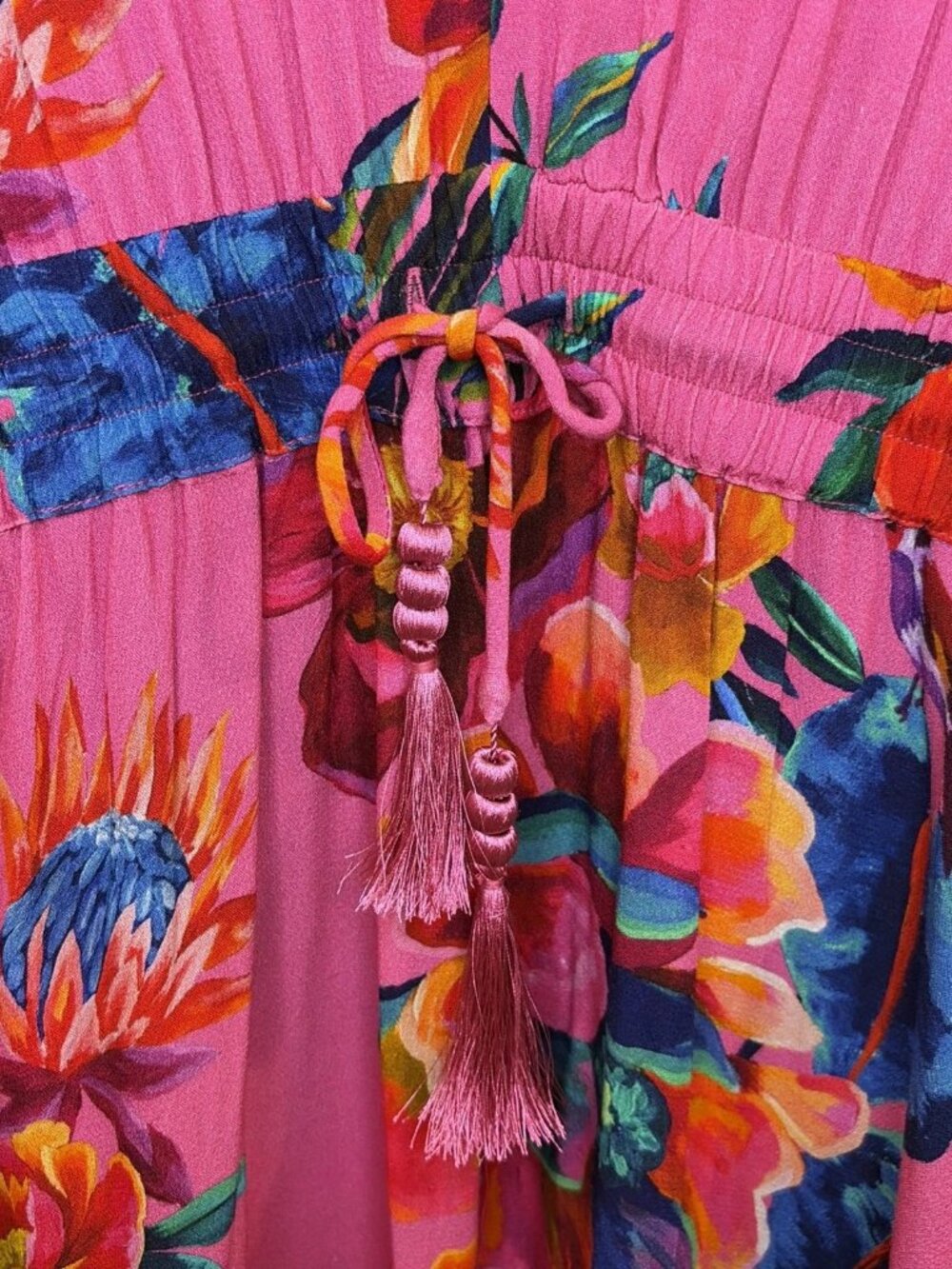 Farm Rio Anthropologie Midi Dress S Long Sleeve Floral Boho Tropical Pink Resort - Picture 9 of 16